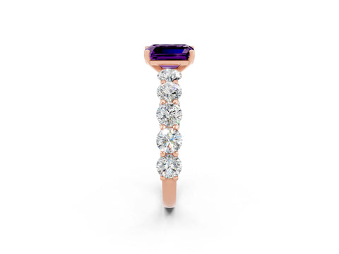 Rose gold Emerald Cut Amethyst Prong Setting with Side Stones on a Pave Band_2