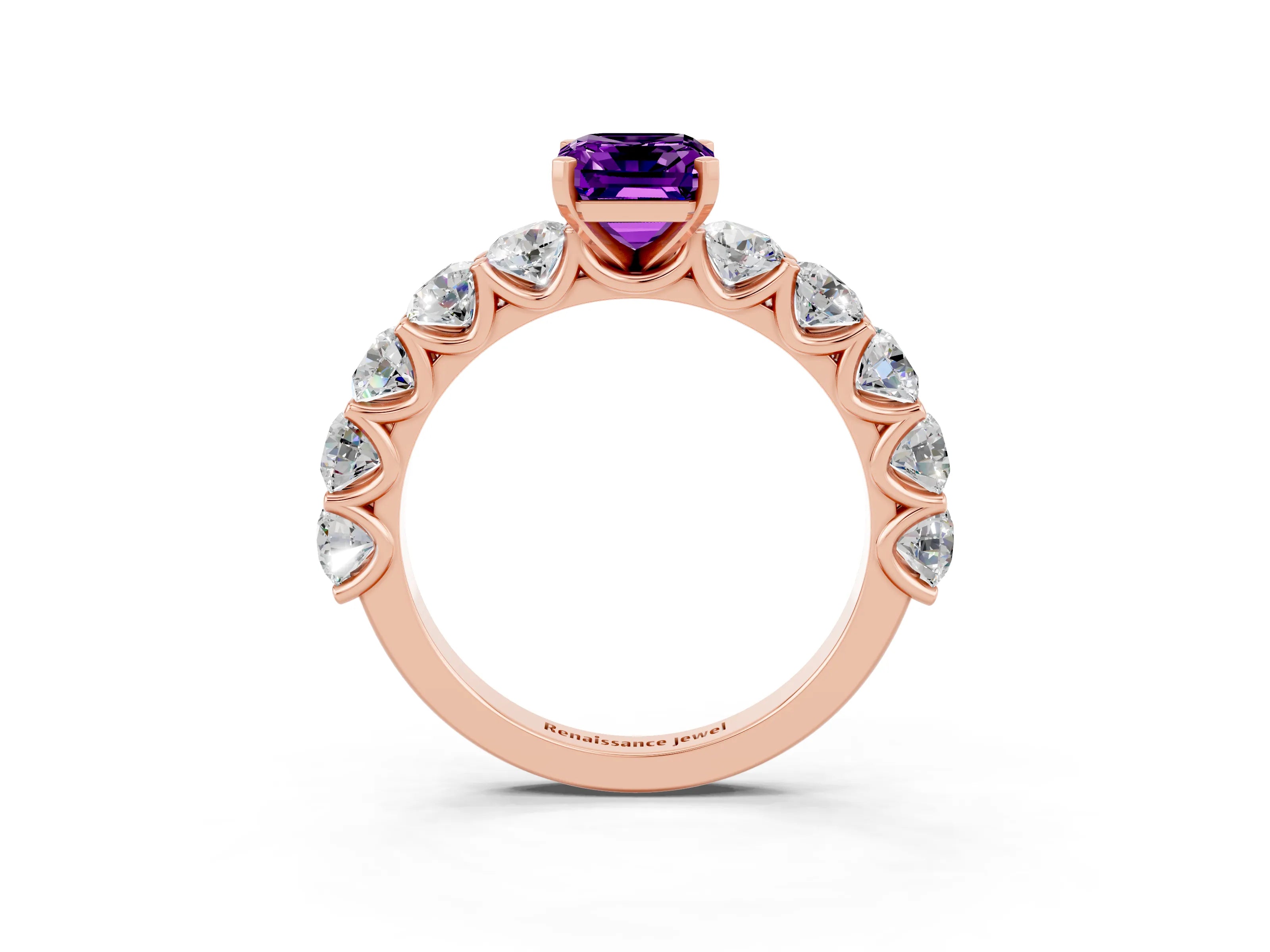 Rose gold Emerald Cut Amethyst Prong Setting with Side Stones on a Pave Band_3