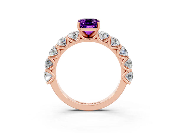 Rose gold Emerald Cut Amethyst Prong Setting with Side Stones on a Pave Band