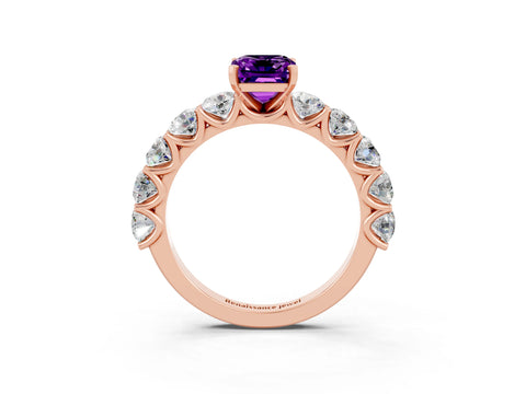 Rose gold Emerald Cut Amethyst Prong Setting with Side Stones on a Pave Band_3