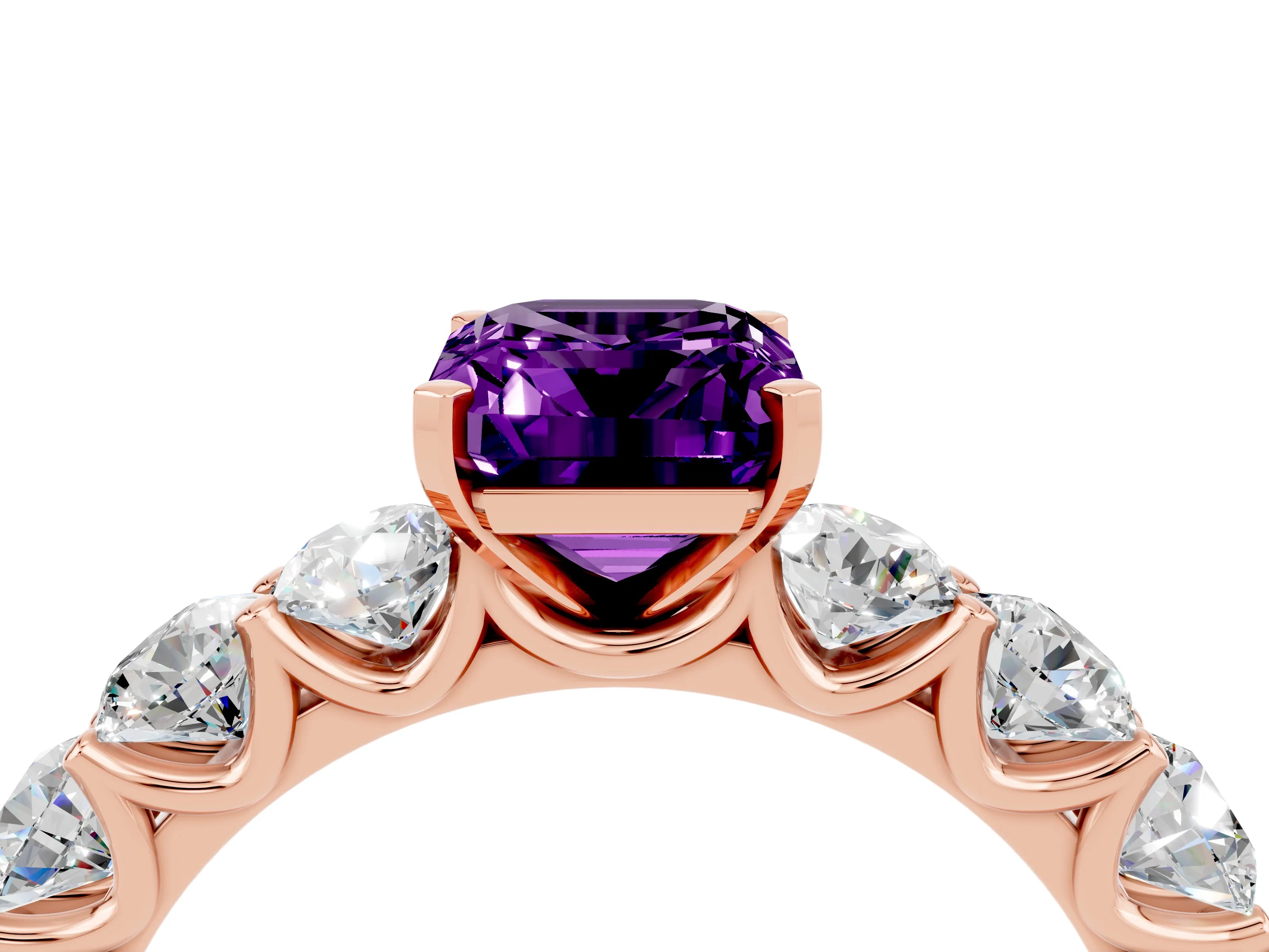 Rose gold Emerald Cut Amethyst Prong Setting with Side Stones on a Pave Band_4