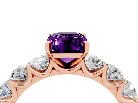 Rose gold Emerald Cut Amethyst Prong Setting with Side Stones on a Pave Band_4