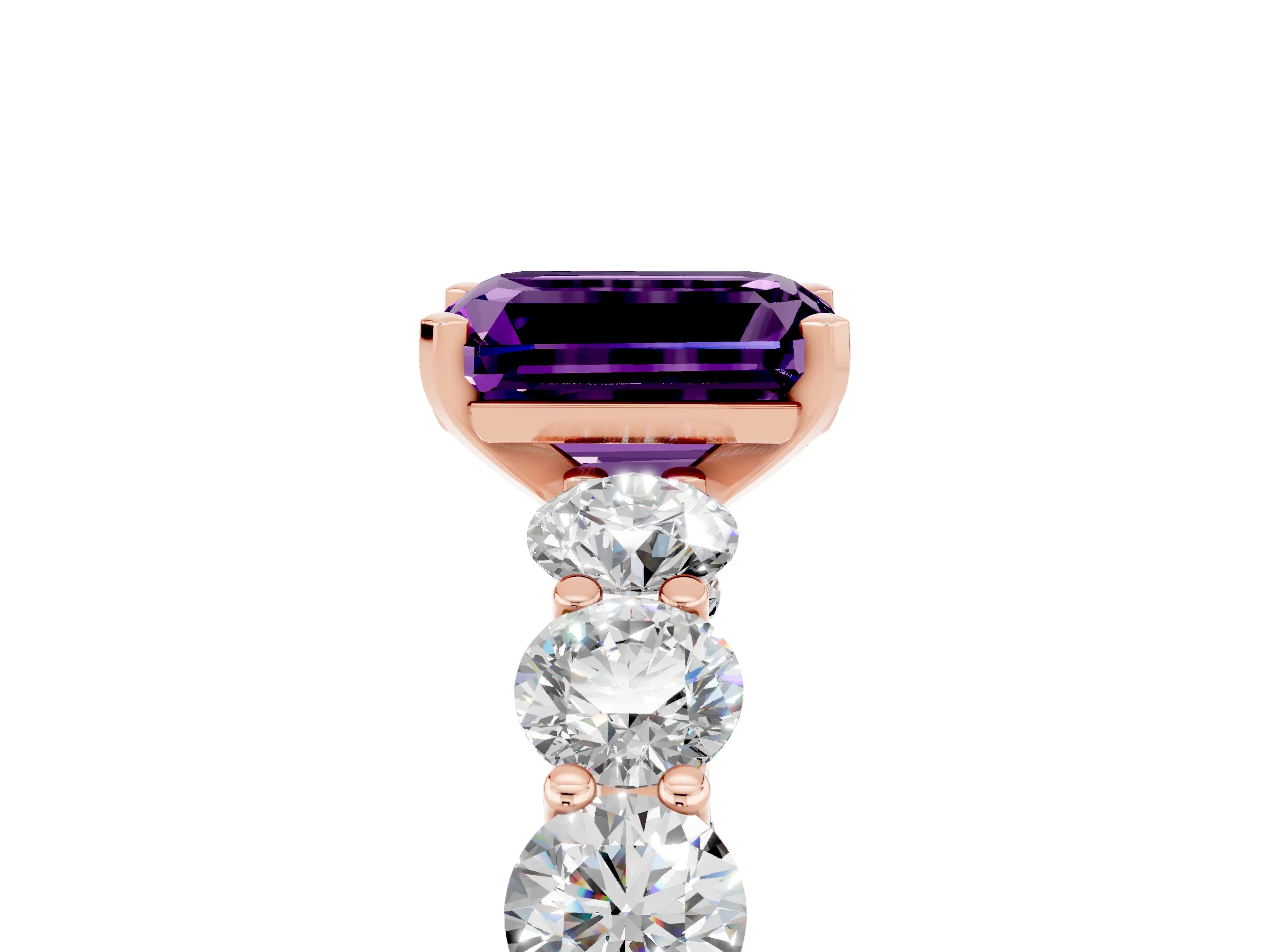 Rose gold Emerald Cut Amethyst Prong Setting with Side Stones on a Pave Band_5