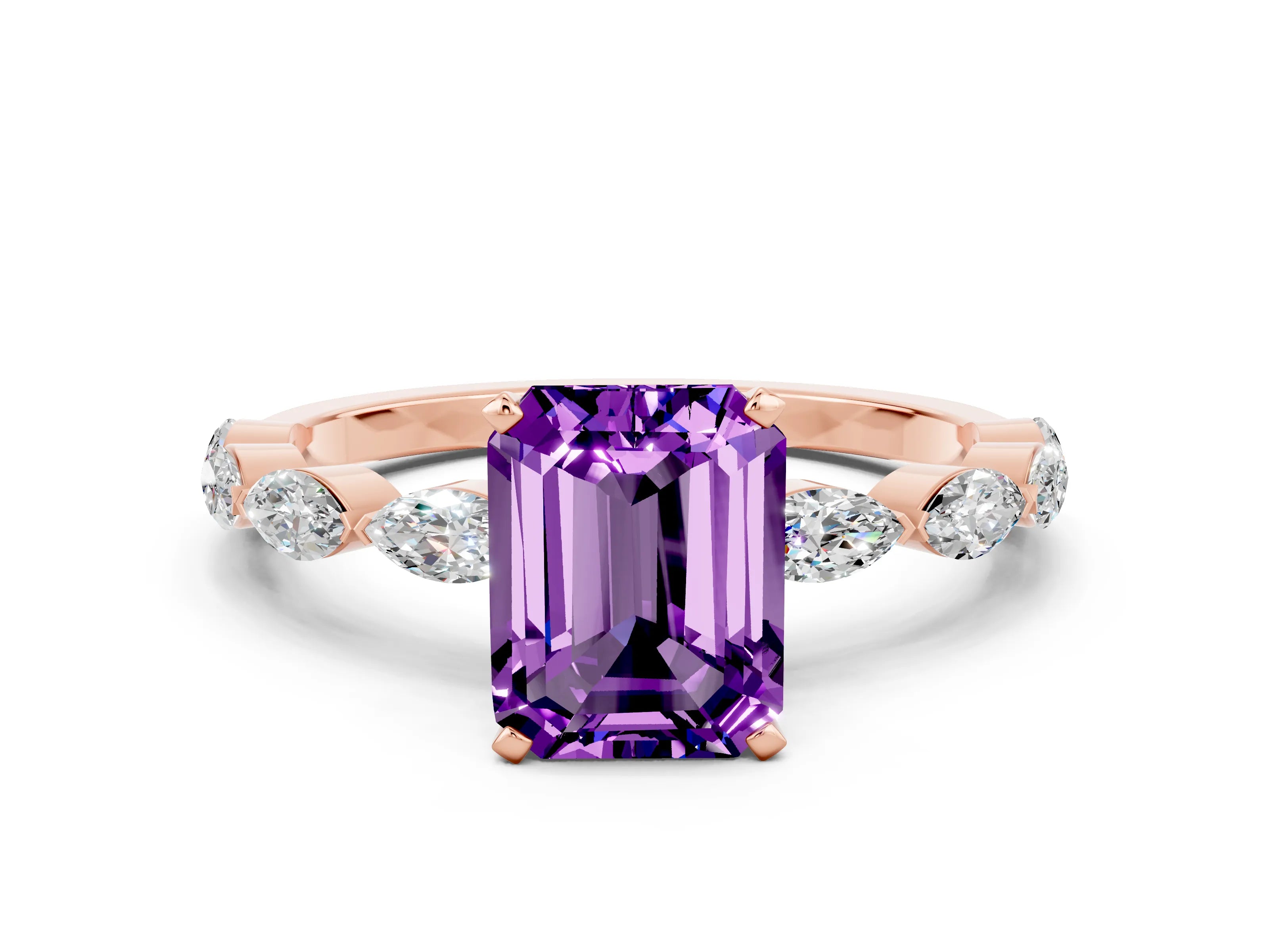 Rose gold Emerald Cut Amethyst Ring with Marquise Side Stones and Prong Setting
