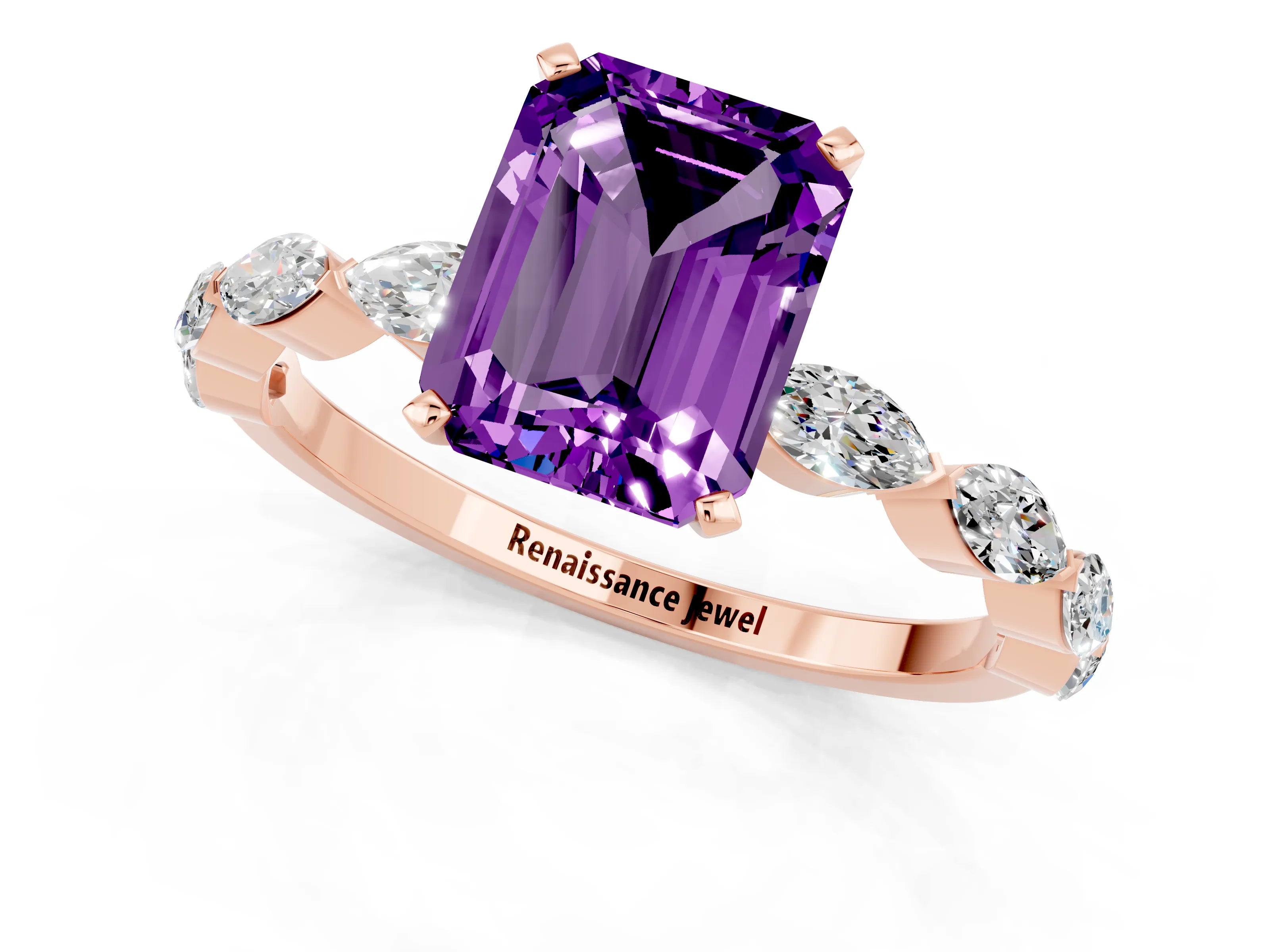 Rose gold Emerald Cut Amethyst Ring with Marquise Side Stones and Prong Setting_1