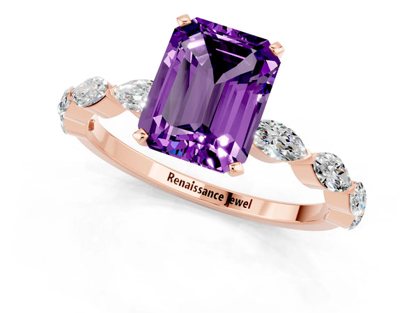 Rose gold Emerald Cut Amethyst Ring with Marquise Side Stones and Prong Setting