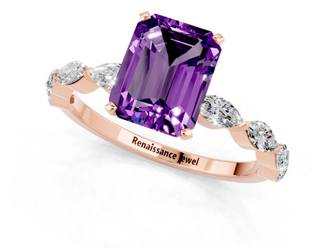 Rose gold Emerald Cut Amethyst Ring with Marquise Side Stones and Prong Setting_1