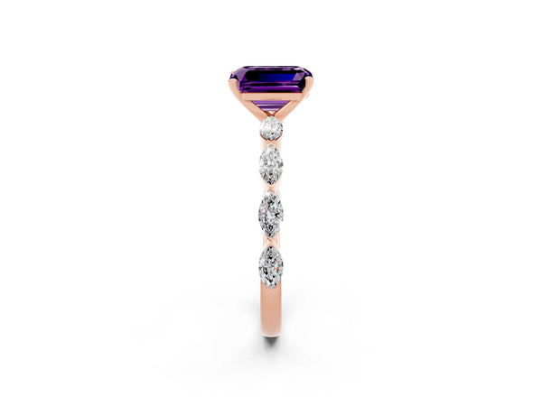 Rose gold Emerald Cut Amethyst Ring with Marquise Side Stones and Prong Setting