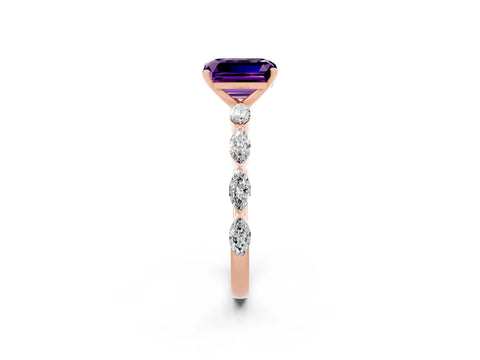 Rose gold Emerald Cut Amethyst Ring with Marquise Side Stones and Prong Setting_2