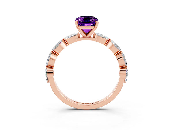 Rose gold Emerald Cut Amethyst Ring with Marquise Side Stones and Prong Setting