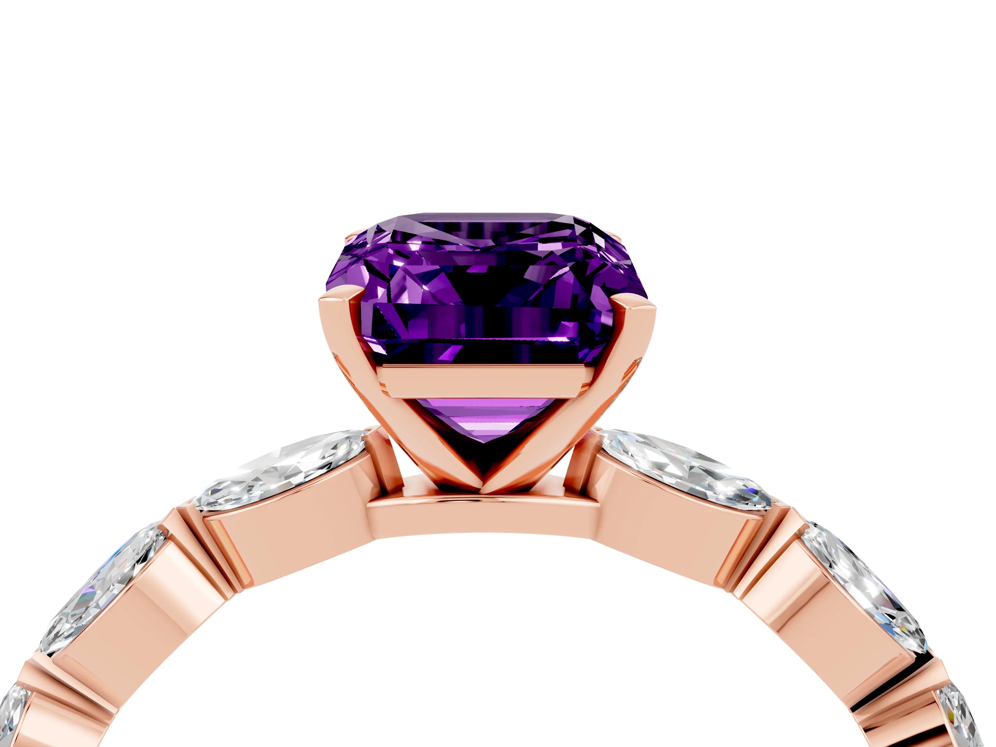 Rose gold Emerald Cut Amethyst Ring with Marquise Side Stones and Prong Setting_4