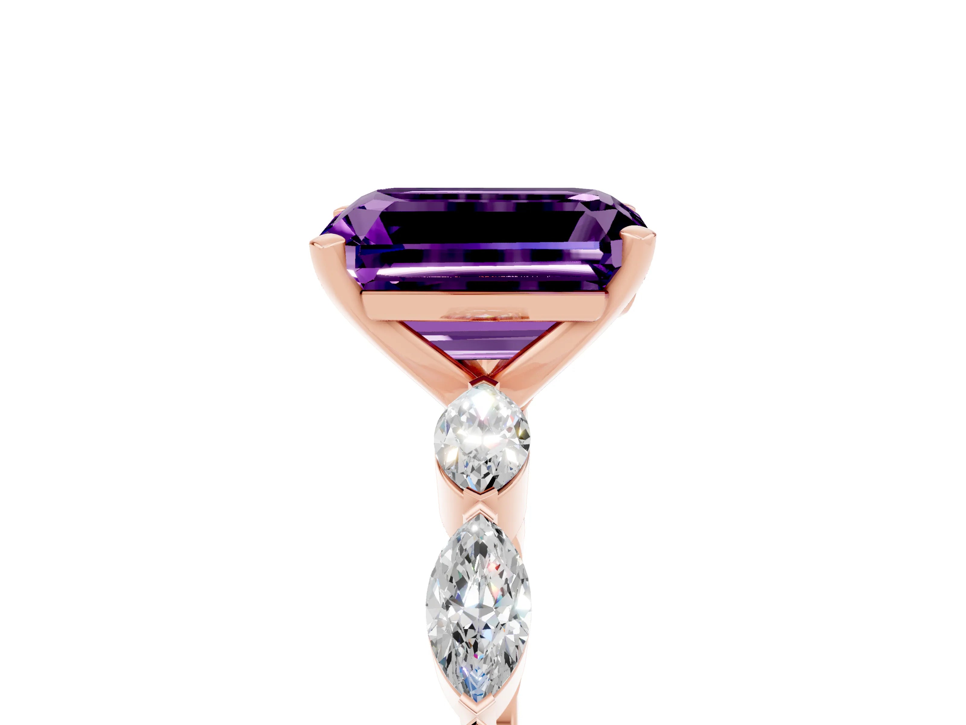 Rose gold Emerald Cut Amethyst Ring with Marquise Side Stones and Prong Setting_5