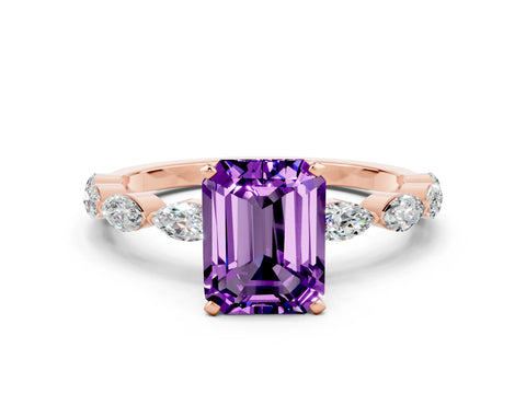 Rose gold Emerald Cut Amethyst Ring with Marquise Side Stones and Prong Setting