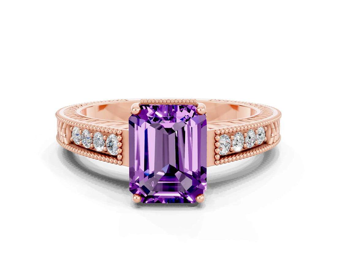 Rose gold Emerald Cut Amethyst Ring with Milgrain Pavé Band and Four-Prong Setting_12