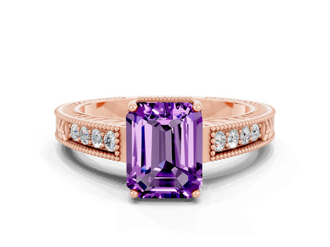 Rose gold Emerald Cut Amethyst Ring with Milgrain Pavé Band and Four-Prong Setting_12