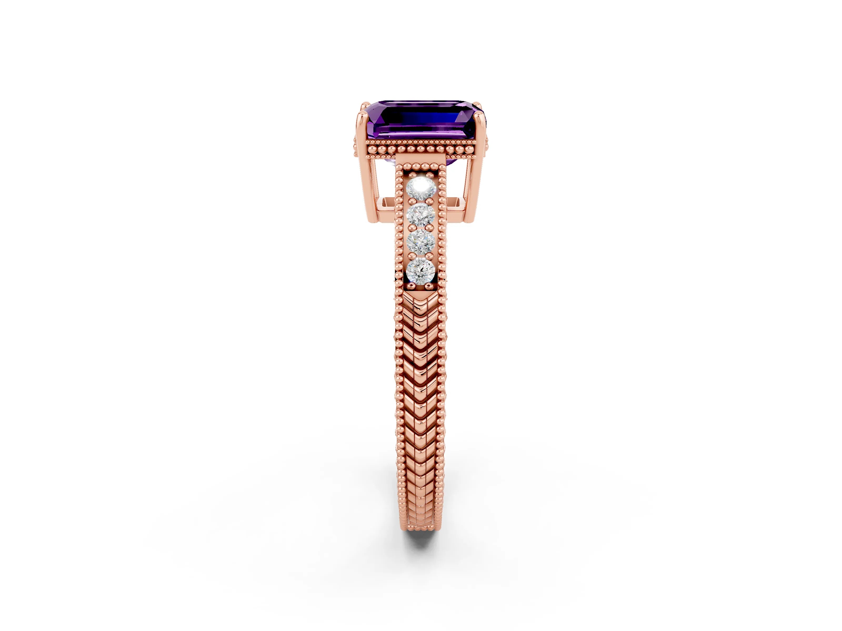 Rose gold Emerald Cut Amethyst Ring with Milgrain Pavé Band and Four-Prong Setting_14