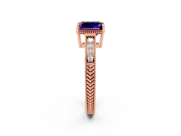 Rose gold Emerald Cut Amethyst Ring with Milgrain Pavé Band and Four-Prong Setting