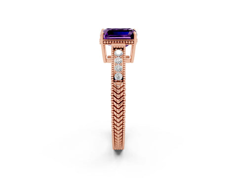 Rose gold Emerald Cut Amethyst Ring with Milgrain Pavé Band and Four-Prong Setting_14