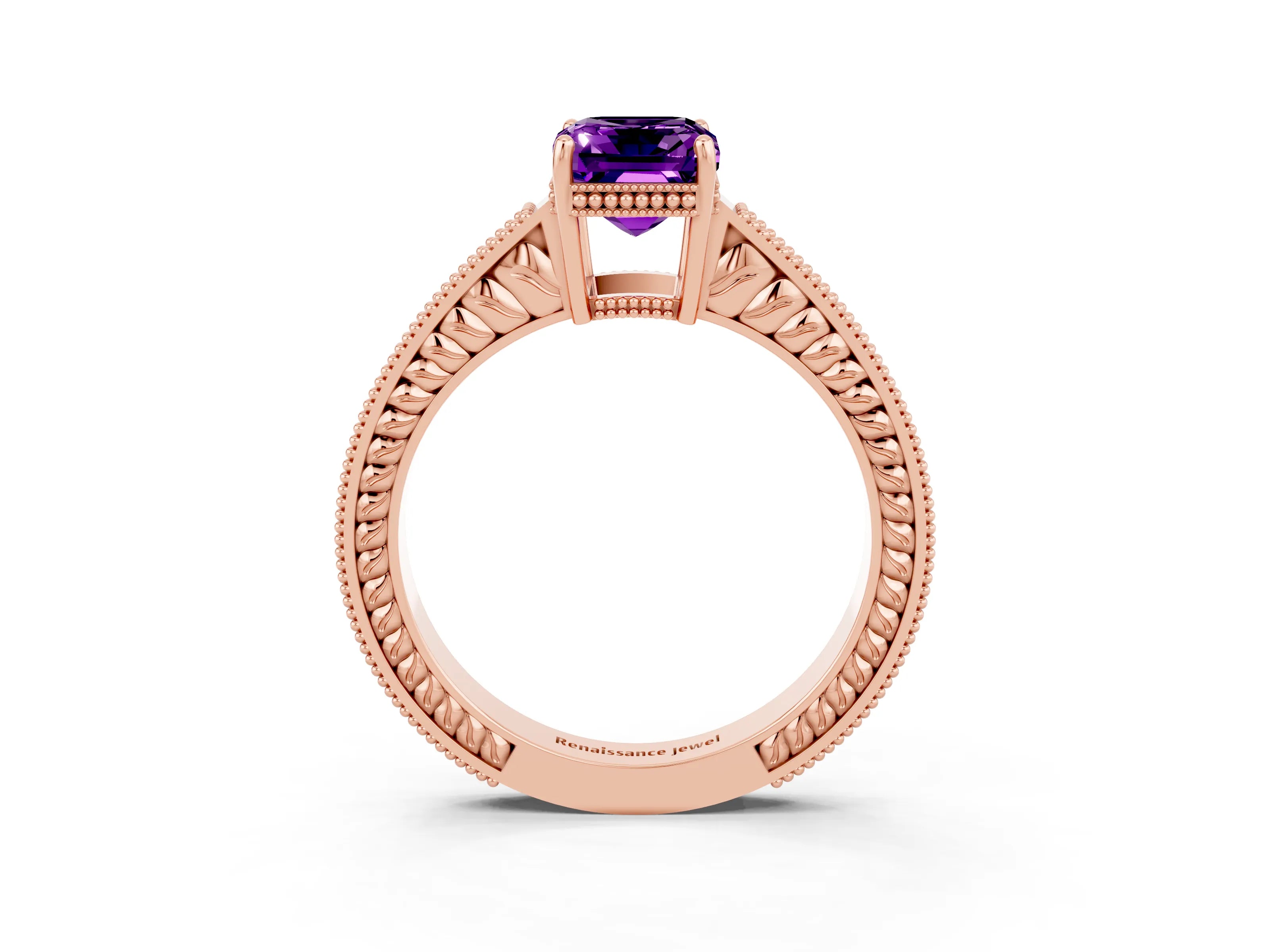 Rose gold Emerald Cut Amethyst Ring with Milgrain Pavé Band and Four-Prong Setting_15