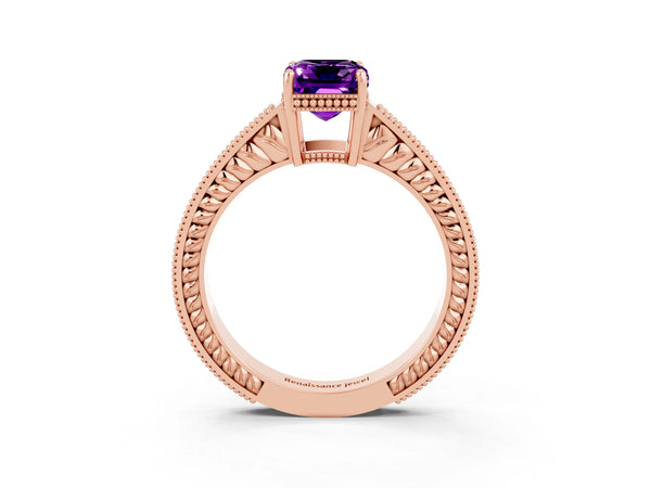 Rose gold Emerald Cut Amethyst Ring with Milgrain Pavé Band and Four-Prong Setting