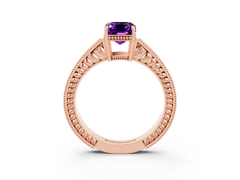 Rose gold Emerald Cut Amethyst Ring with Milgrain Pavé Band and Four-Prong Setting_15