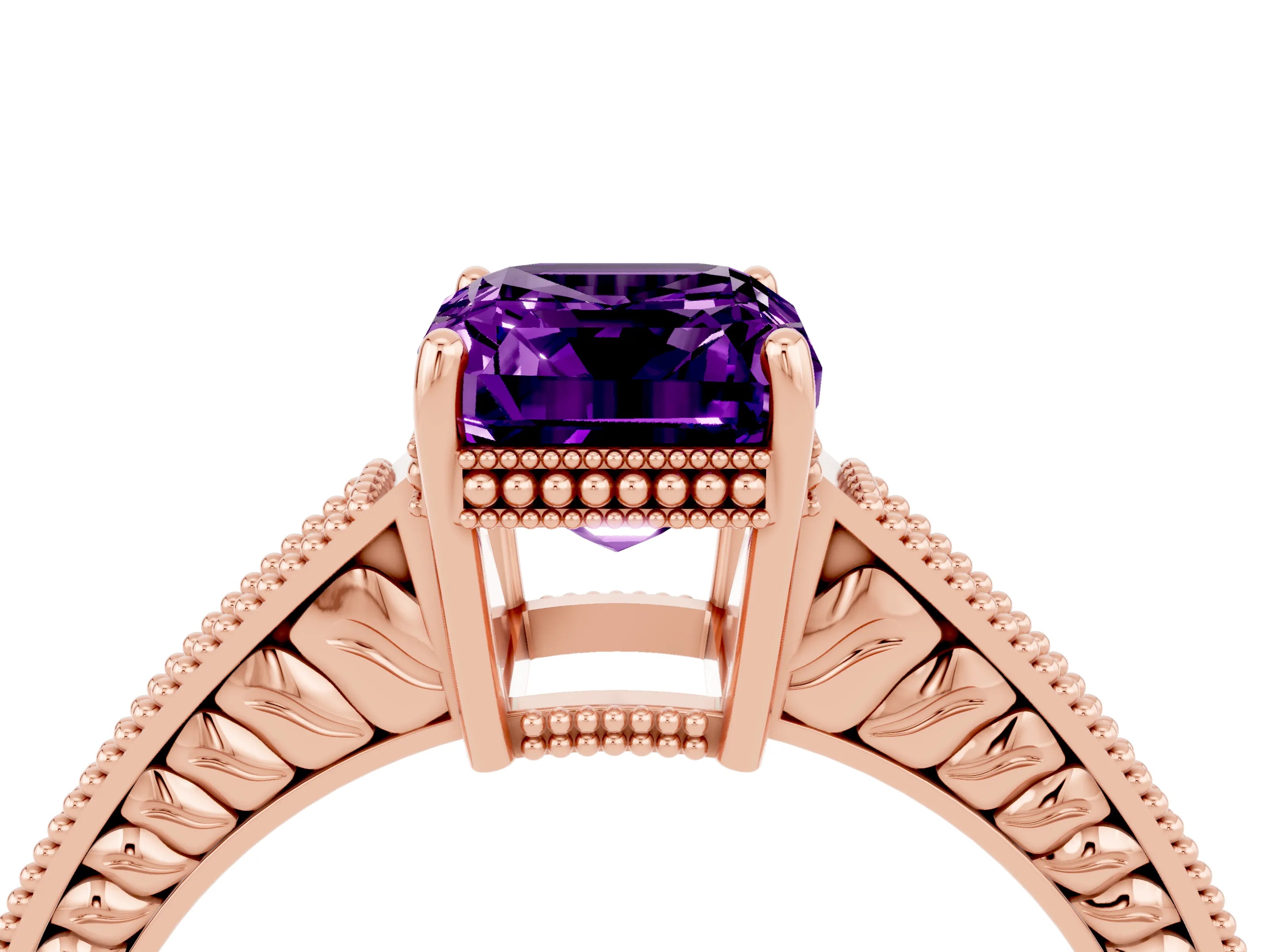 Rose gold Emerald Cut Amethyst Ring with Milgrain Pavé Band and Four-Prong Setting_16