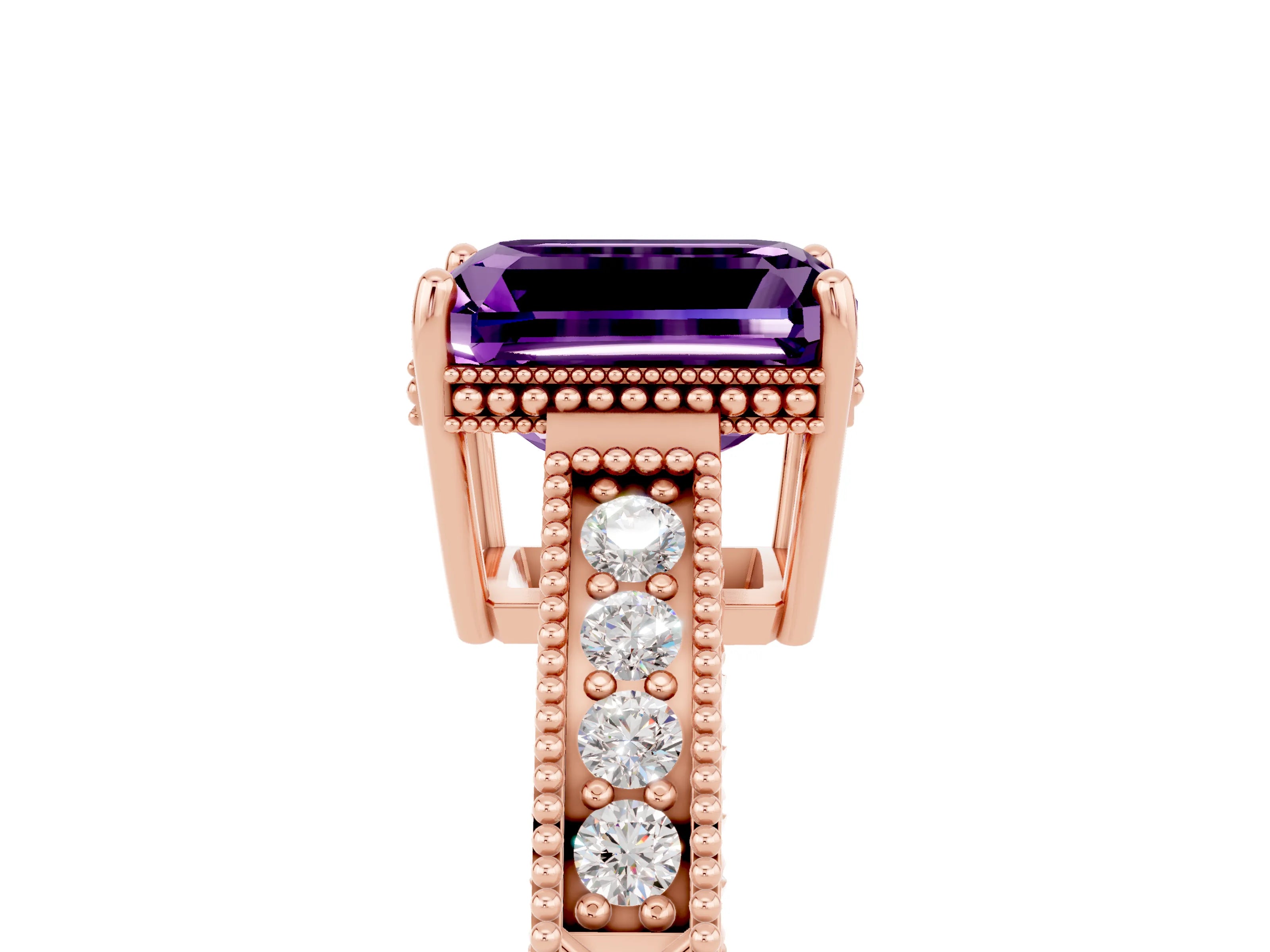 Rose gold Emerald Cut Amethyst Ring with Milgrain Pavé Band and Four-Prong Setting_17