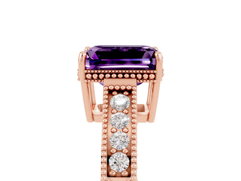Rose gold Emerald Cut Amethyst Ring with Milgrain Pavé Band and Four-Prong Setting_17