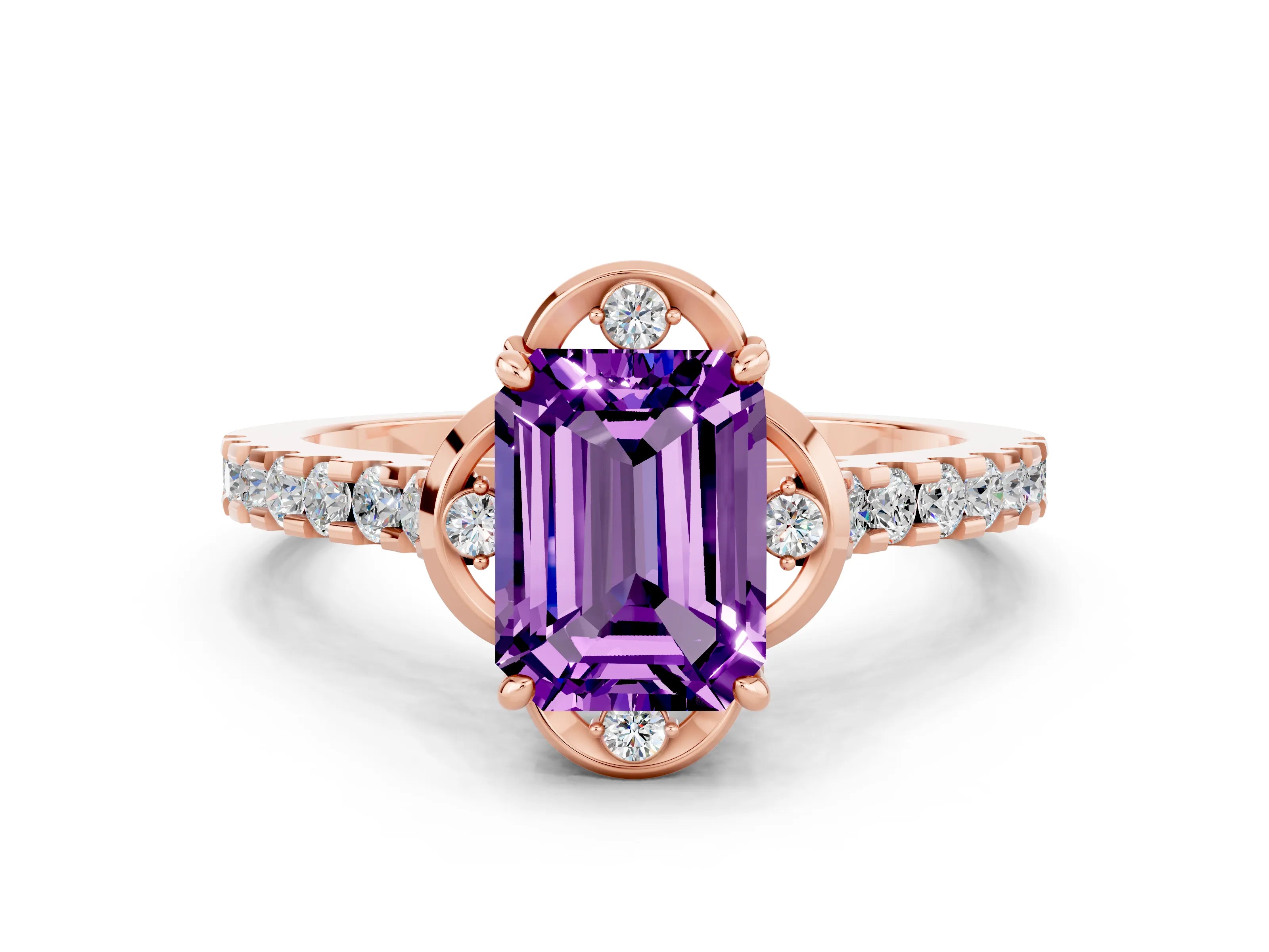 Rose gold Emerald Cut Amethyst Ring with Pavé Band and Floral Prong Setting