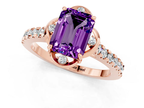 Rose gold Emerald Cut Amethyst Ring with Pavé Band and Floral Prong Setting_1