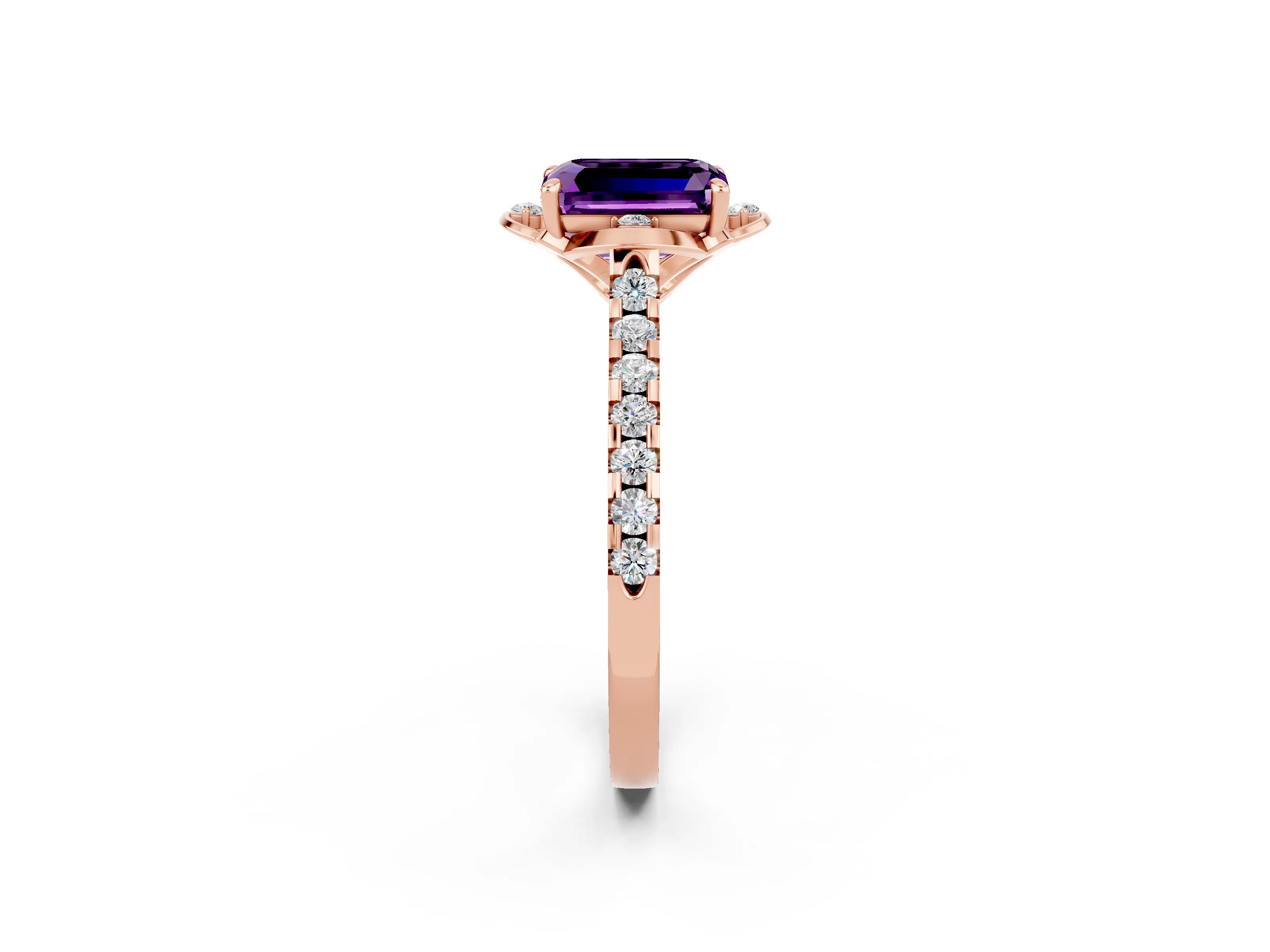 Rose gold Emerald Cut Amethyst Ring with Pavé Band and Floral Prong Setting_2