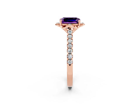 Rose gold Emerald Cut Amethyst Ring with Pavé Band and Floral Prong Setting_2