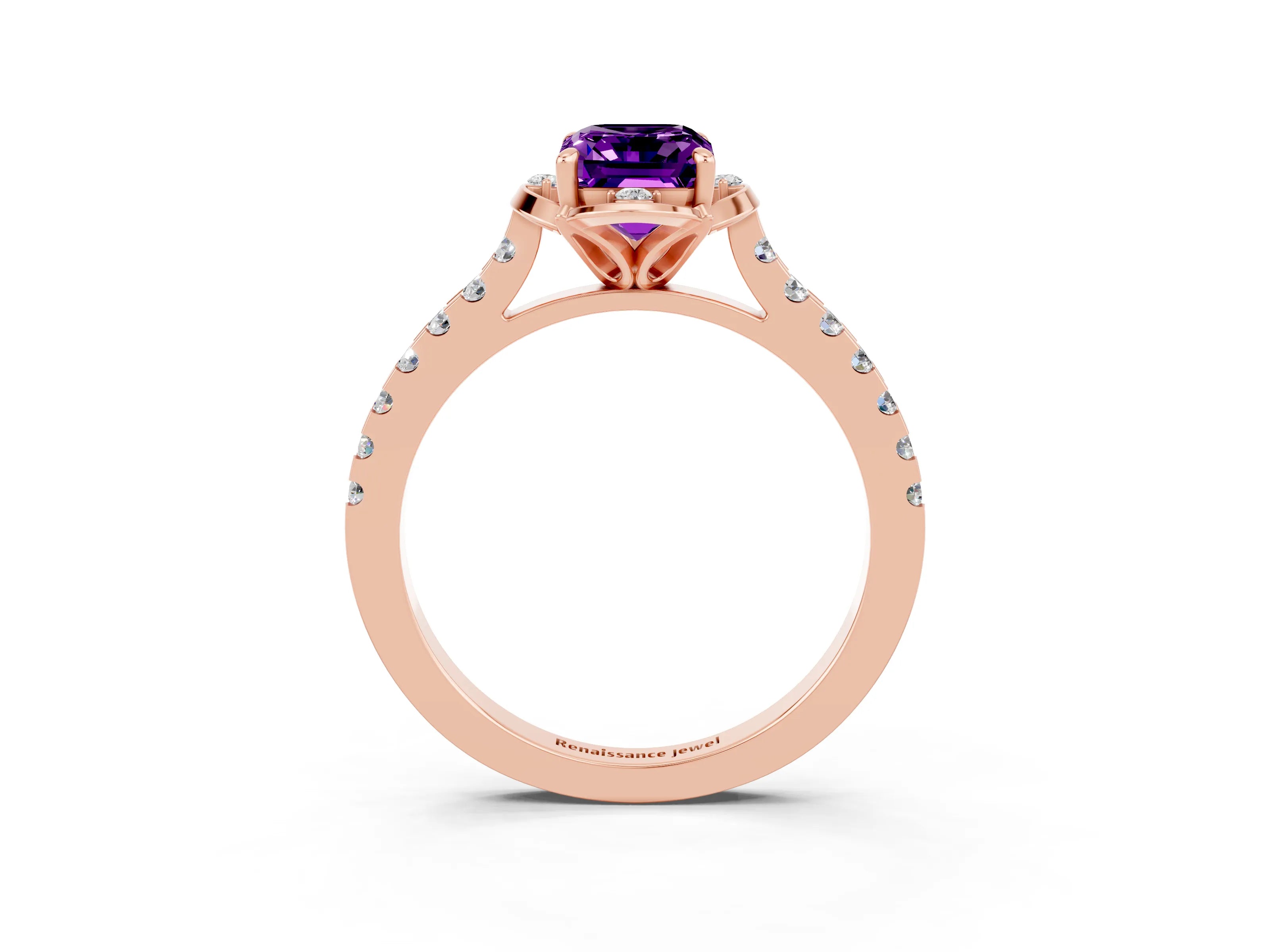 Rose gold Emerald Cut Amethyst Ring with Pavé Band and Floral Prong Setting_3