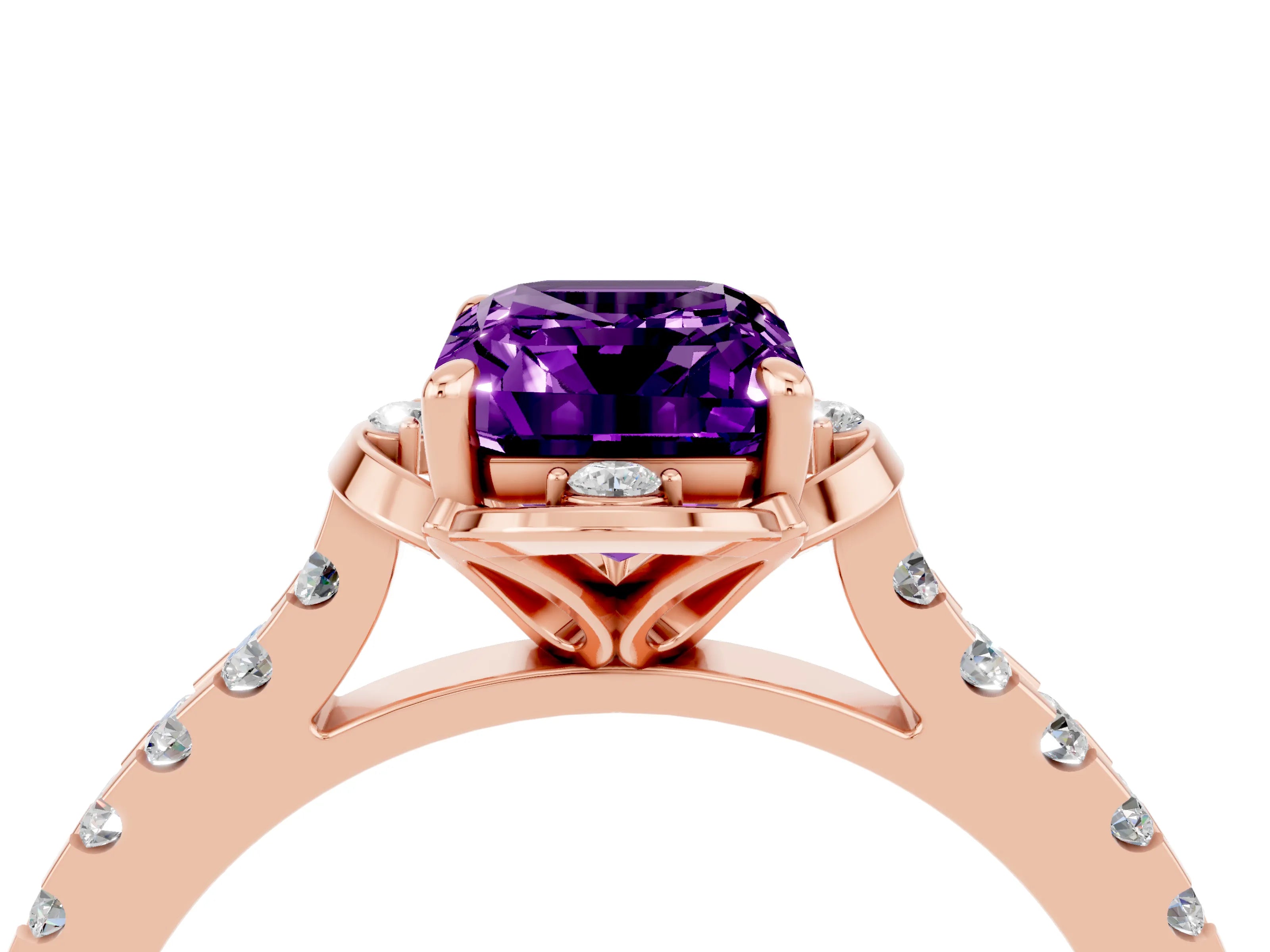 Rose gold Emerald Cut Amethyst Ring with Pavé Band and Floral Prong Setting_4