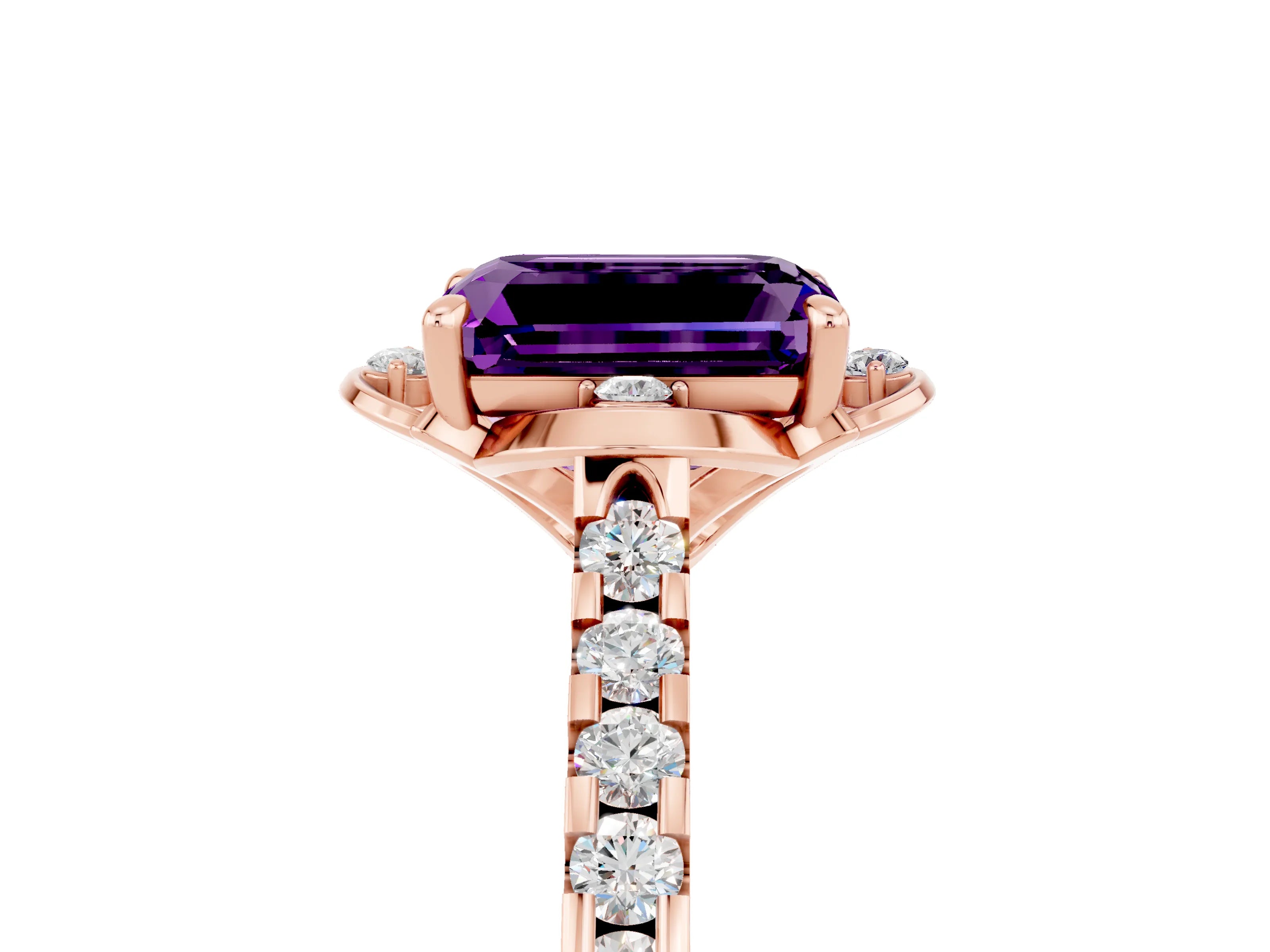 Rose gold Emerald Cut Amethyst Ring with Pavé Band and Floral Prong Setting_5