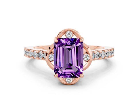 Rose gold Emerald Cut Amethyst Ring with Pavé Band and Floral Prong Setting