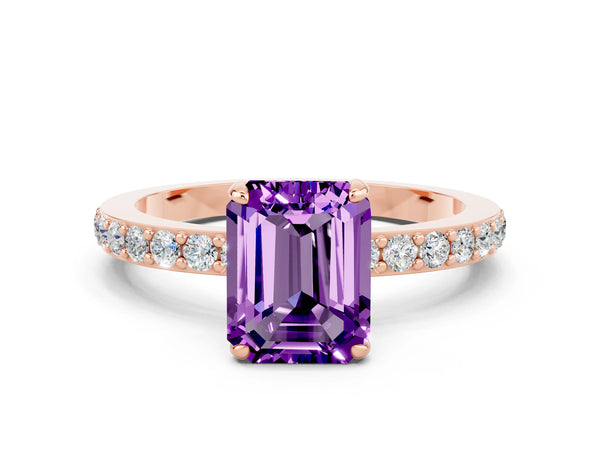 Rose gold Emerald Cut Amethyst Pavé Engagement Ring with Round  Accents and Prong Setting