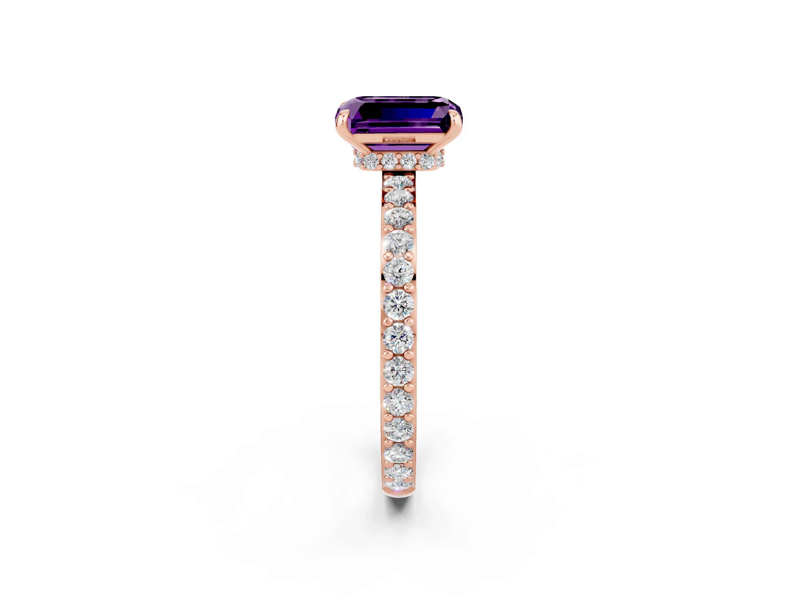 Rose gold Emerald Cut Amethyst Ring with Pavé Band and Four-Prong Setting_2