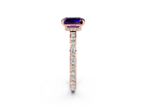 Rose gold Emerald Cut Amethyst Ring with Pavé Band and Four-Prong Setting_2