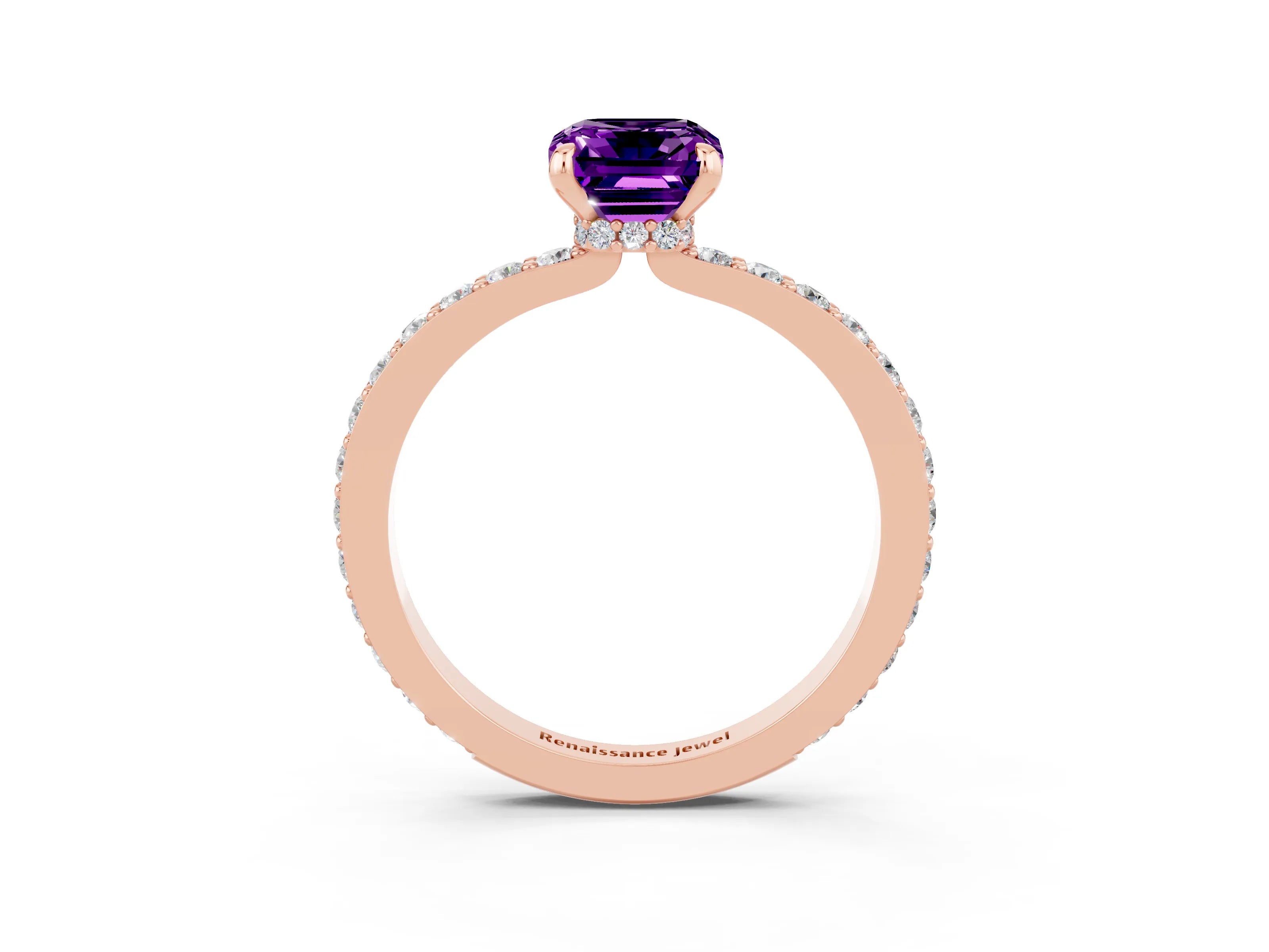 Rose gold Emerald Cut Amethyst Ring with Pavé Band and Four-Prong Setting_3