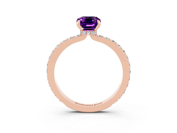 Rose gold Emerald Cut Amethyst Pavé Engagement Ring with Round  Accents and Prong Setting