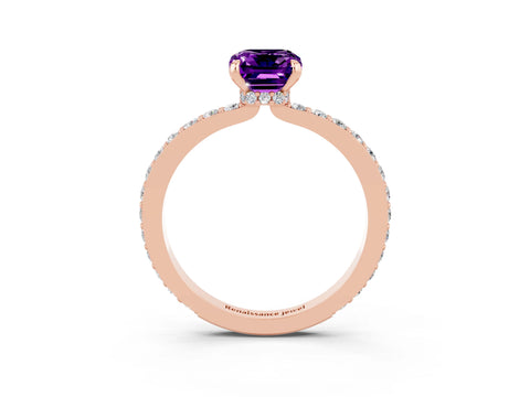 Rose gold Emerald Cut Amethyst Ring with Pavé Band and Four-Prong Setting_3