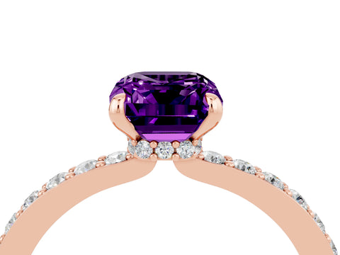 Rose gold Emerald Cut Amethyst Ring with Pavé Band and Four-Prong Setting_4