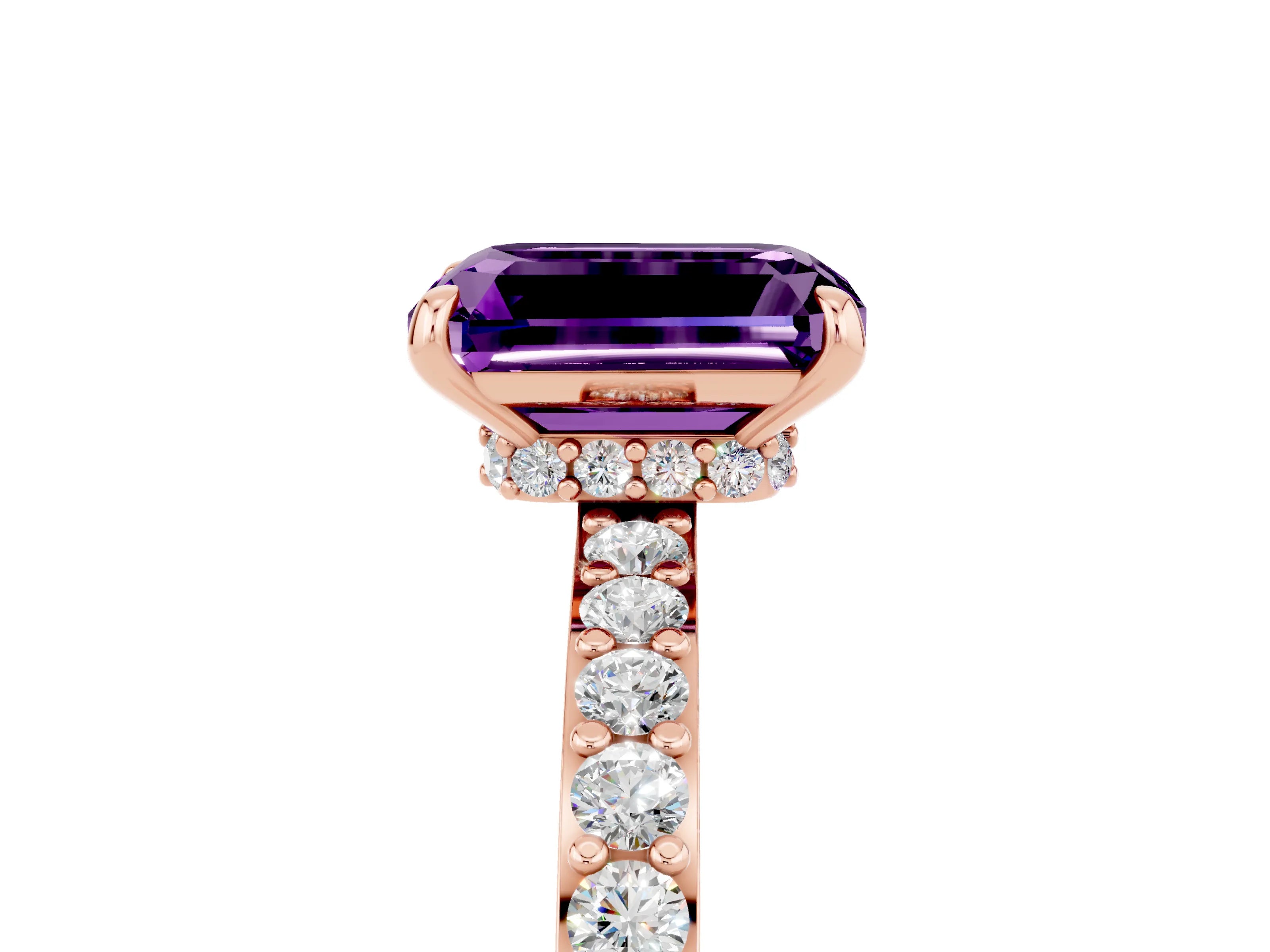 Rose gold Emerald Cut Amethyst Ring with Pavé Band and Four-Prong Setting_5