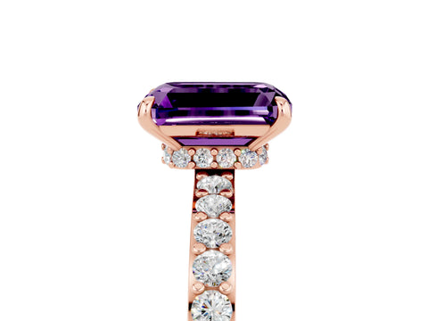 Rose gold Emerald Cut Amethyst Ring with Pavé Band and Four-Prong Setting_5