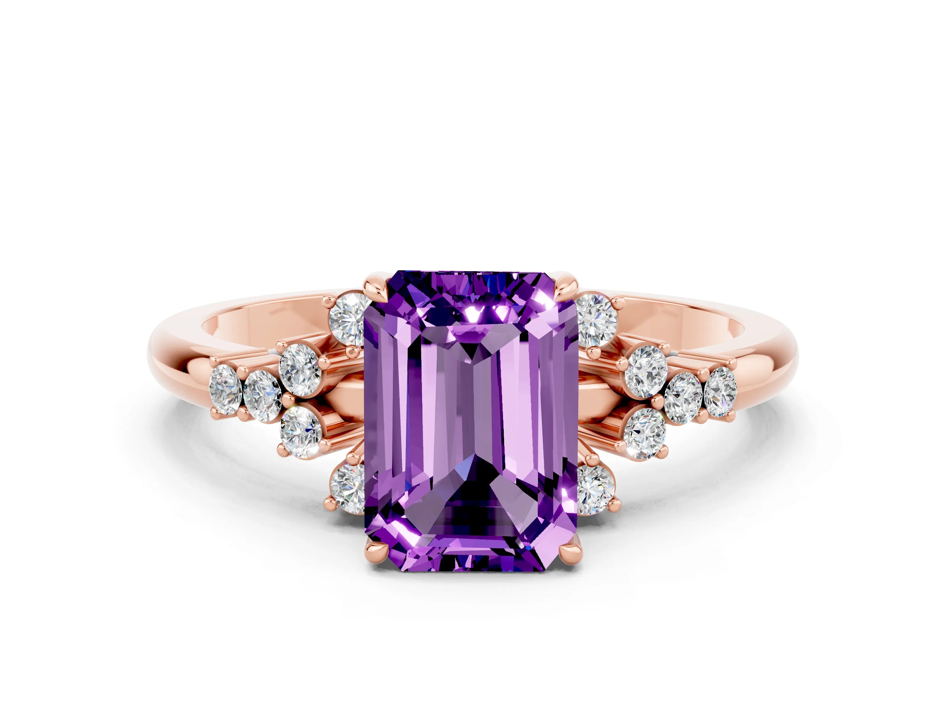 Rose gold Emerald Cut Amethyst Ring with Side Stones and Four-Prong Setting_36