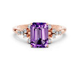 Rose gold Emerald Cut Amethyst Ring with Side Stones and Four-Prong Setting_36