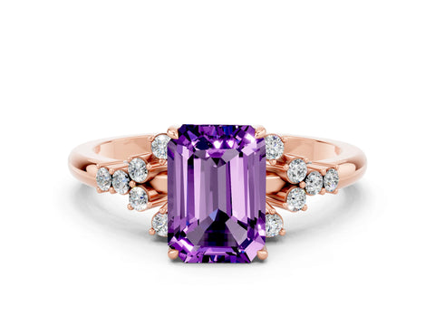 Rose gold Emerald Cut Amethyst Ring with Side Stones and Four-Prong Setting_36