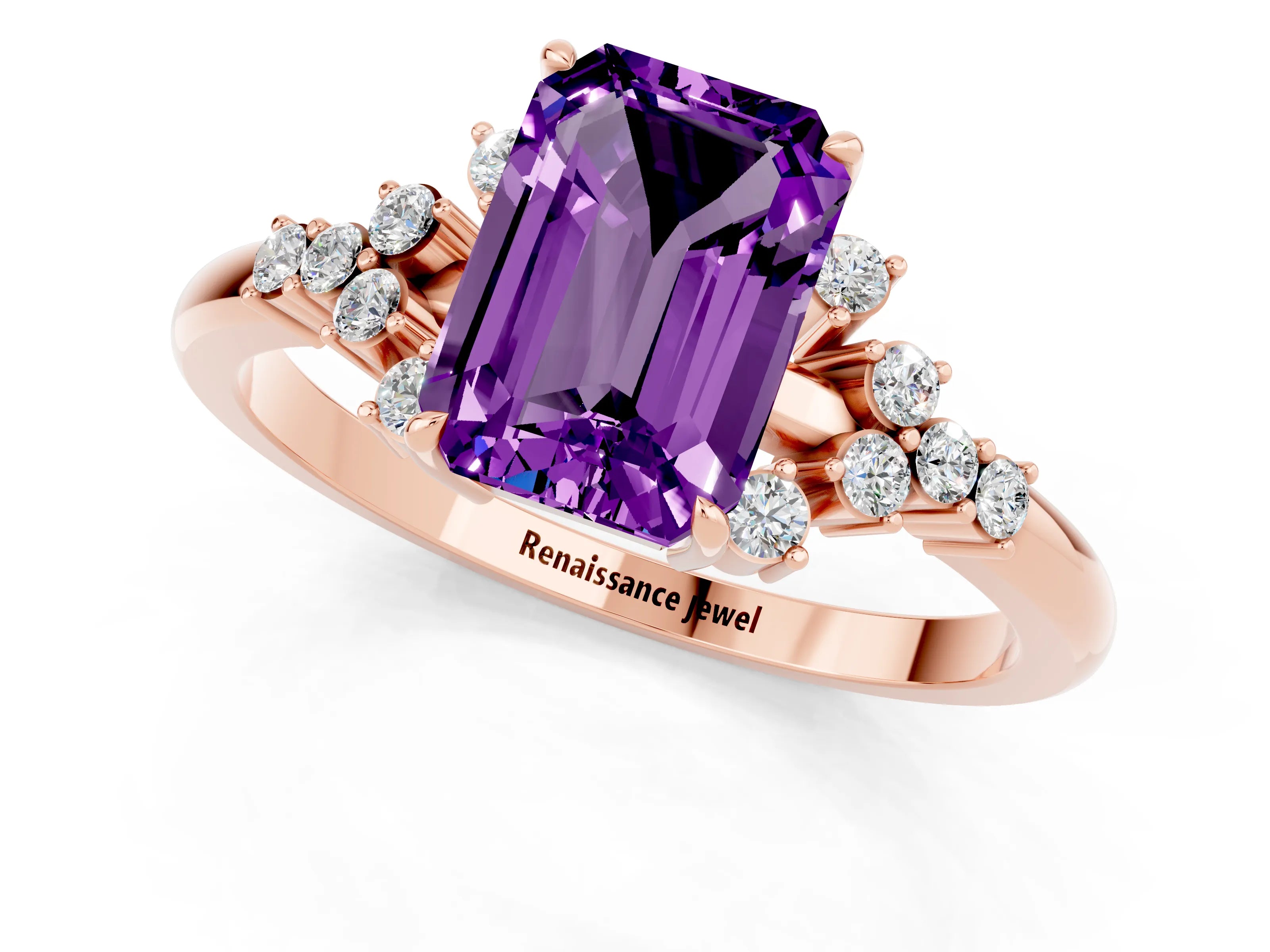Rose gold Emerald Cut Amethyst Ring with Side Stones and Four-Prong Setting_37