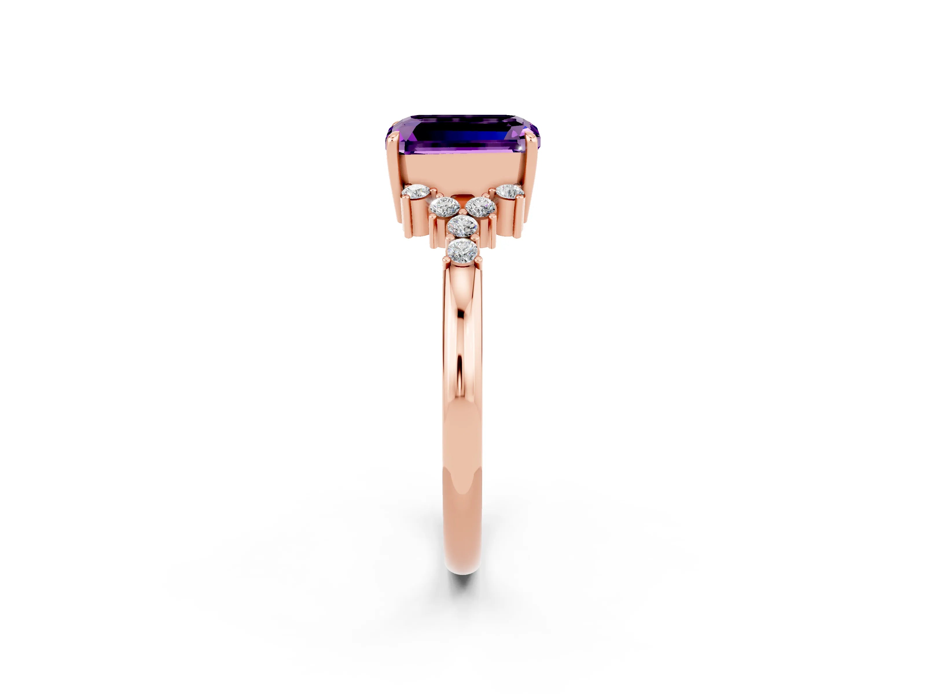 Rose gold Emerald Cut Amethyst Ring with Side Stones and Four-Prong Setting_38